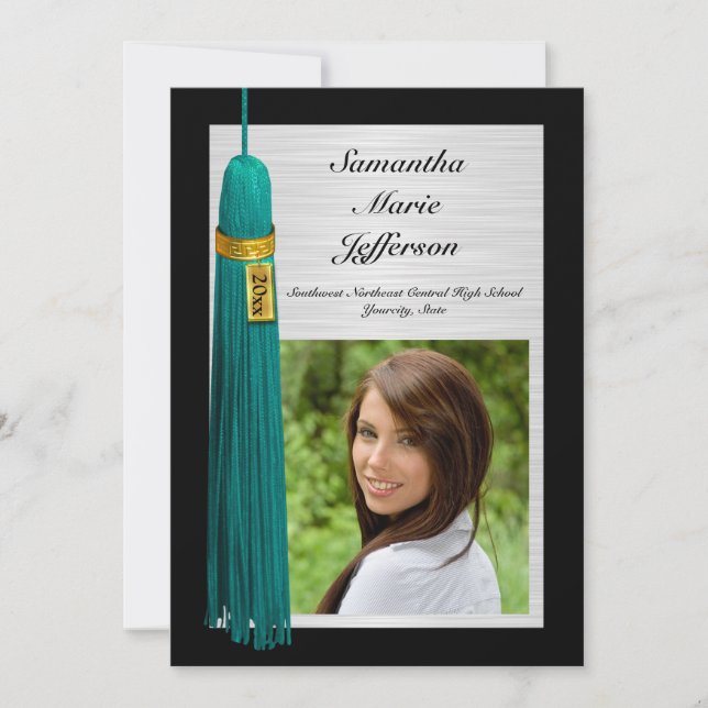 Convite Teal Tassel com Festa de formatura fotográfica (Frente)