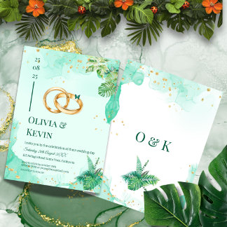 Convite Teal Tropical Gold Monstera Wedding Invitation