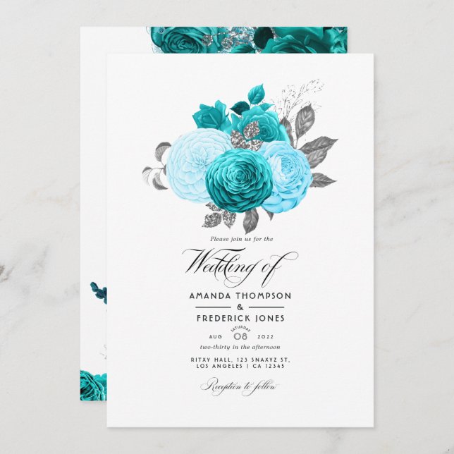 Convite Teal - Turquesa e Casamento Floral de Prata (Frente/Verso)