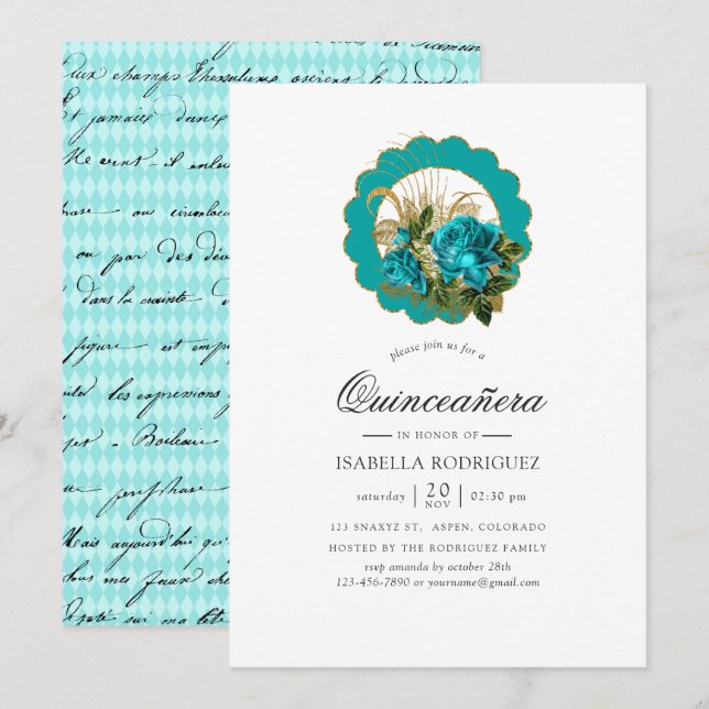 Convite Teal - Turquesa e Dourado Chic Paris Quinceañera (Frente/Verso)