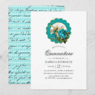 Convite Teal - Turquesa e Dourado Chic Paris Quinceañera