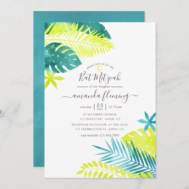 Convite Teal - Turquesa e Lemon Tropical Bat Mitzvah (Frente/Verso)