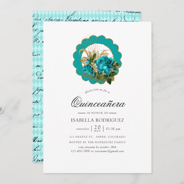 Convite Teal - Turquesa e Paris Chic Dourada Quinceañera (Frente/Verso)