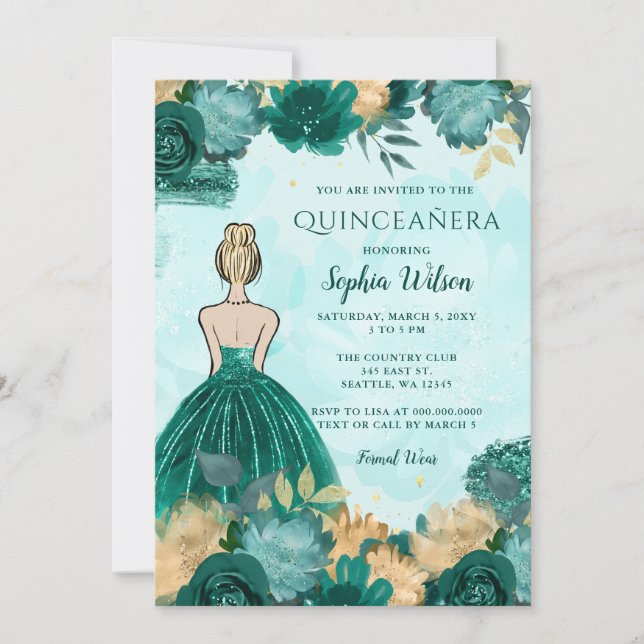 Convite Teal Turquoise Dourada Princesa Floral Quinceañera (Frente)
