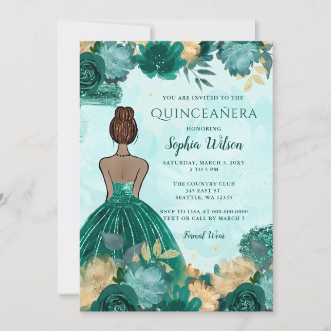 Convite Teal Turquoise Dourada Princesa Floral Quinceañera (Frente)