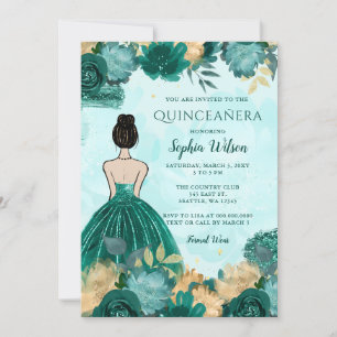 Convite Teal Turquoise Dourada Princesa Floral Quinceañera