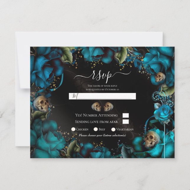 Convite Teal Turquoise Rosas Skulls Gothic Wedding RSVP (Frente)