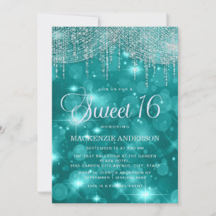 Convite Teal Turquoise String Lights Bokeh Sweet 16