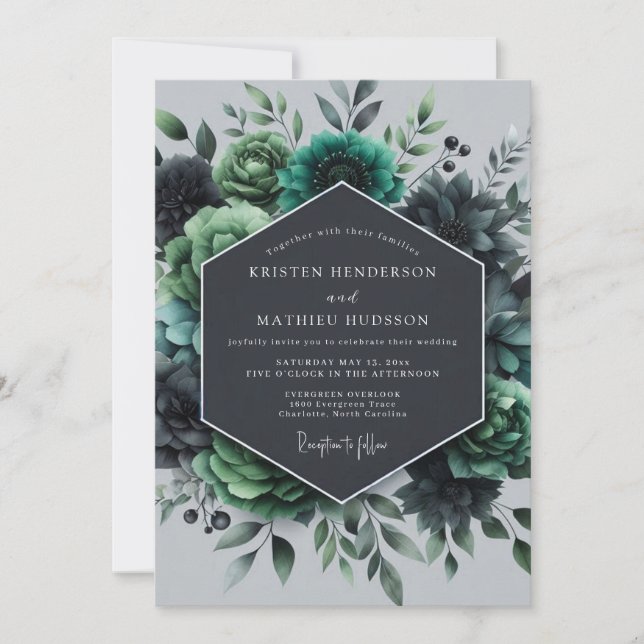 Convite Teal Verdant Flora Wedding (Frente)