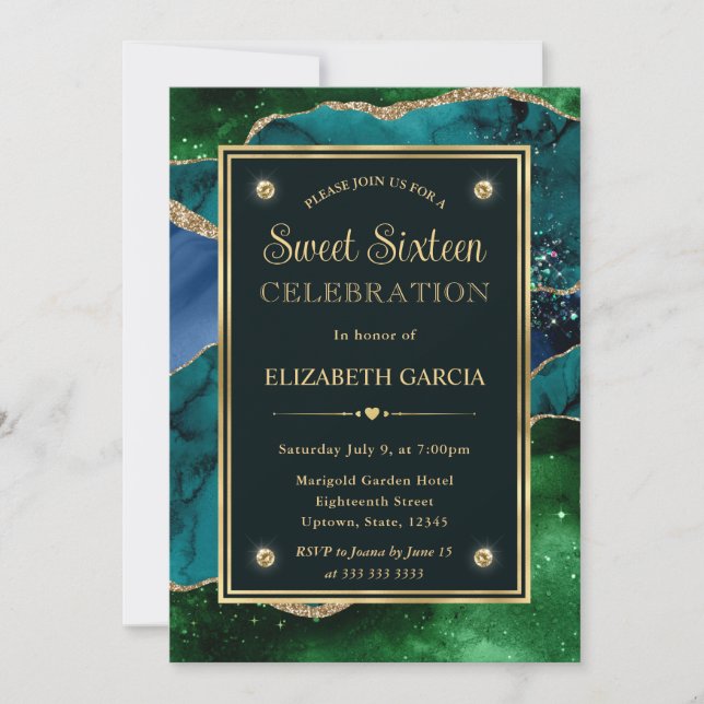 Convite Teal, verde e Dourada agitação do brilho Doce Deze (Frente)
