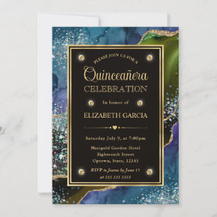 Convite Teal, Verde e Dourado Brilho Agata Quinceanera