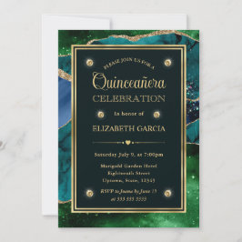 Convite Teal, Verde e Dourado Brilho Agata Quinceanera