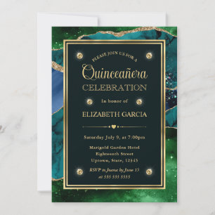 Convite Teal, Verde e Dourado Brilho Agata Quinceanera