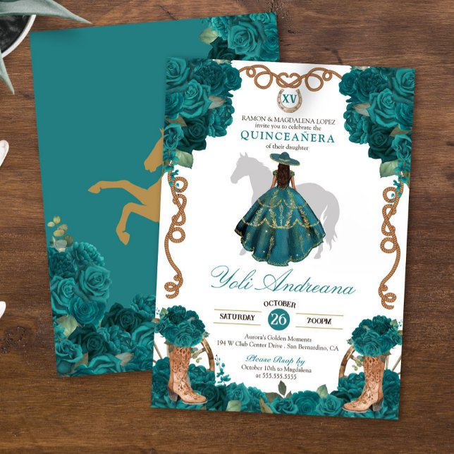 Convite Teal Verde Rosa Azul Charro Vestidos Quinceanera (Criador carregado)