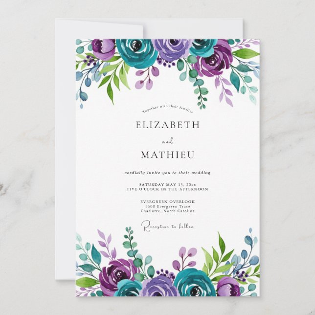 Convite Teal Violet Majestic Botanical Wedding (Frente)