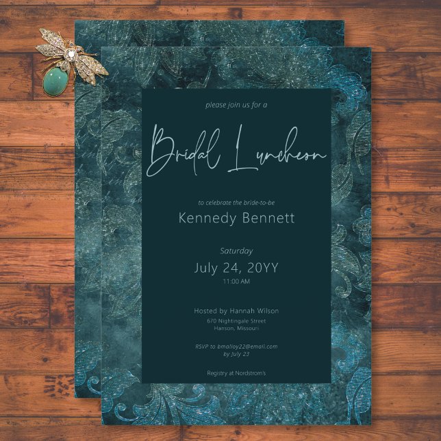Convite Teal Vitoriano Escuro Damask Bridal Luncheon (Dark Victorian Teal Damask Bridal Luncheon Invitation)