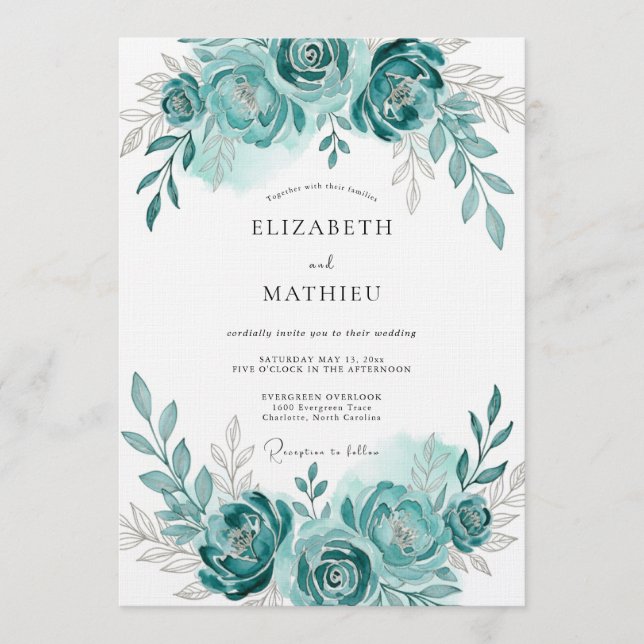 Convite Teal Watercolor Bloom Romance Wedding (Frente)