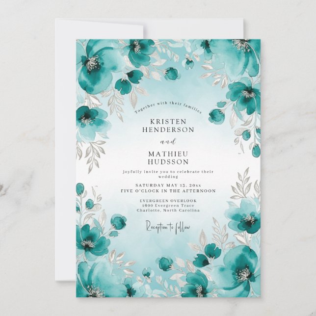 Convite Teal Watercolor Ethereal Wedding (Frente)