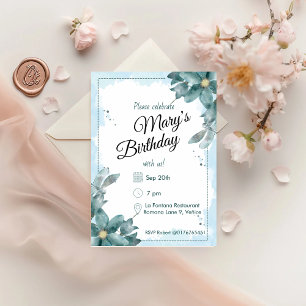 Convite Teal Watercolor Florals Aniversário