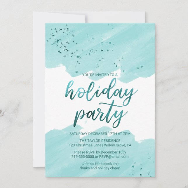 Convite Teal Watercolor Foliday Party (Frente)