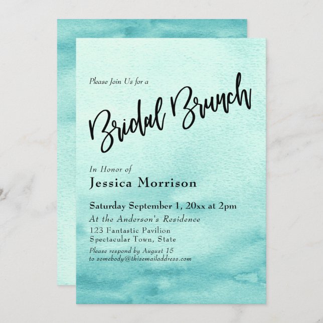 Convite Teal Watercolor Ombre Bridal Brunch (Frente/Verso)