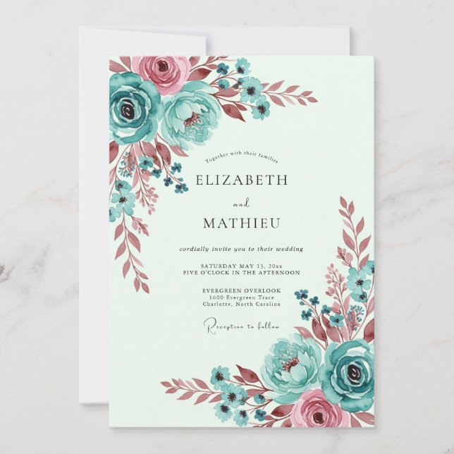 Convite Teal Whimsical Botanical Spring Wedding (Frente)