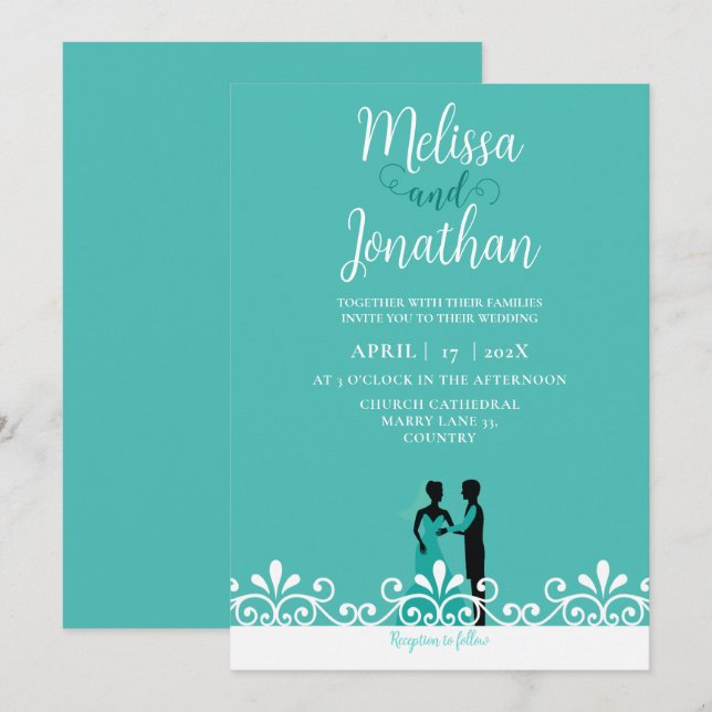 Convite Teal White Elegant Wedding Bride and Groom (Frente/Verso)