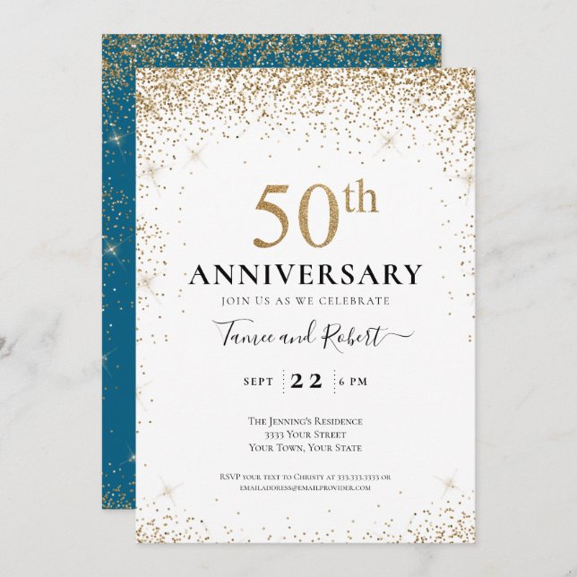 Convite Teal White Gold 50th Wedding Anniversary  (Frente/Verso)