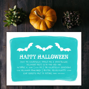 Convite Teal White Watercolor Bats Festa de Halloween