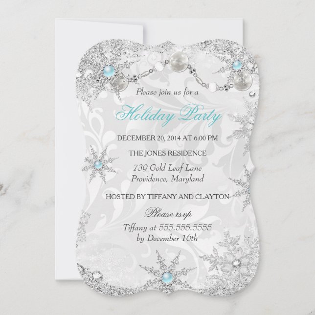 Convite Teal Winter Wonderland Damask Holiday Party (Frente)