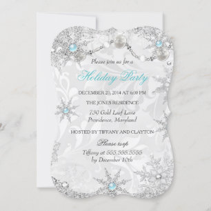 Convite Teal Winter Wonderland Damask Holiday Party