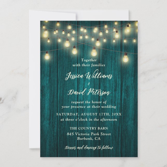 Convite Teal Wood String Luzes Campo Casamento (Frente)