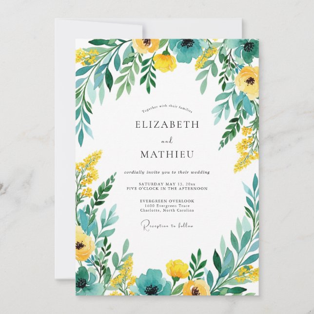 Convite Teal Yellow Blooming Romance Wedding (Frente)