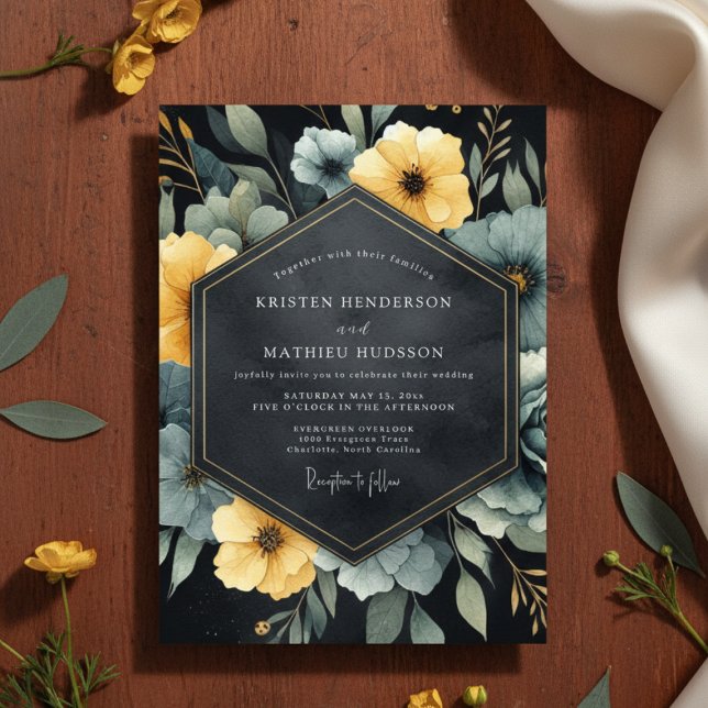 Convite Teal Yellow Botanical Romance Wedding (Criador carregado)