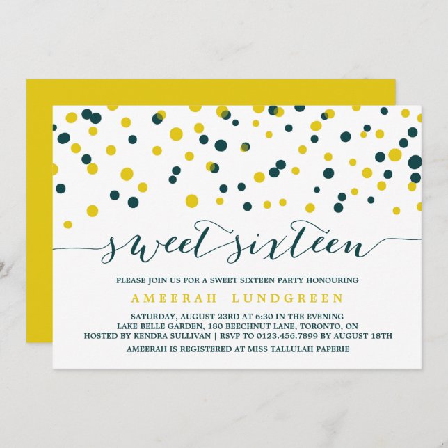 Convite Teal & Yellow Confetti Dots Moderno Sweet Dezessei (Frente/Verso)