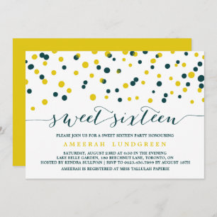 Convite Teal & Yellow Confetti Dots Moderno Sweet Dezessei