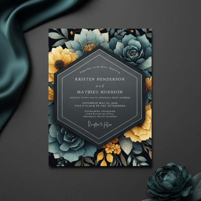 Convite Teal Yellow Floral Bloom Wedding (Criador carregado)