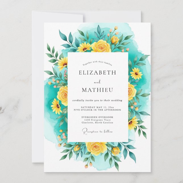 Convite Teal Yellow Luminous Summer Wedding (Frente)