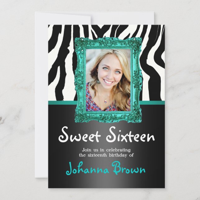 Convite Teal Zebra - Foto - Sweet 16 Invitation (Frente)