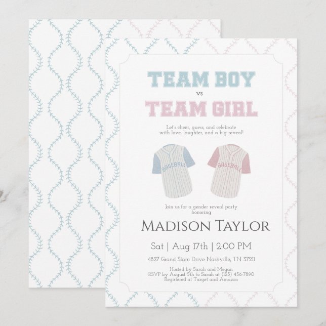 Convite Team Boy vs Team Girl Baseball Gender Reveal  (Frente/Verso)