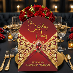 Convite Tecido de Joia Elegante de Aniversário Vermelho Re