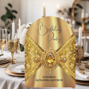 Convite Tecido Joia Dourado Ornamentado Aniversário Elegan