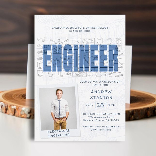 Convite Tecnologia de Engenheiro de formandos azul (college grad engineering engineer graduation ceremony party invitation white blue technical science)