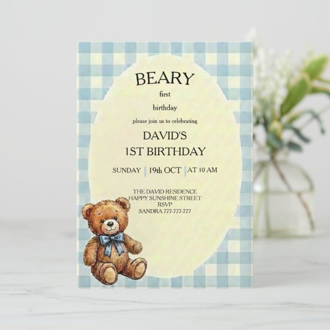 Convite Teddy Bear 1st Birthday (Em pé/Frente)