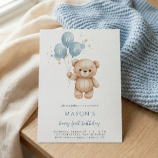 Convite Teddy Bear 1st Birthday Blue Watercolor