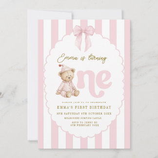 Convite Teddy Bear 1st Birthday Invitation Girl