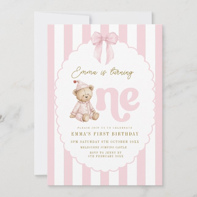Convite Teddy Bear 1st Birthday Invitation Girl (Frente)