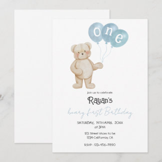 Convite Teddy Bear 1st Birthday Party for Baby Boy 