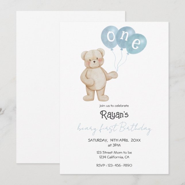 Convite Teddy Bear 1st Birthday Party for Baby Boy  (Frente/Verso)