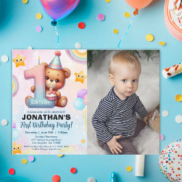 Convite Teddy Bear 1st Birthday Photo Personalized Baby 